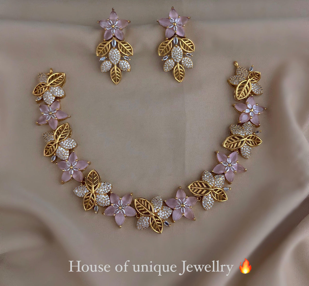 S-34: Bloom Flower AD & CZ Gold-Plated Necklace Set | Gulmohar Art