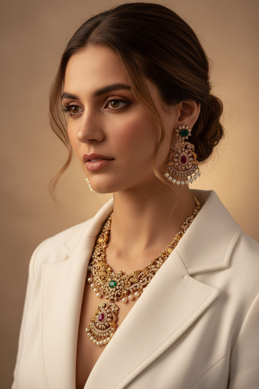 S-17: Premium Peacock South Indian Gold Plated Necklace Set