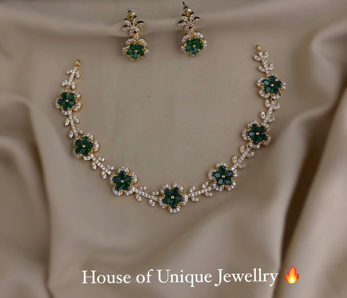S-35: Gold Plated Floral AD Stone Necklace Set | Elegant Jewelry