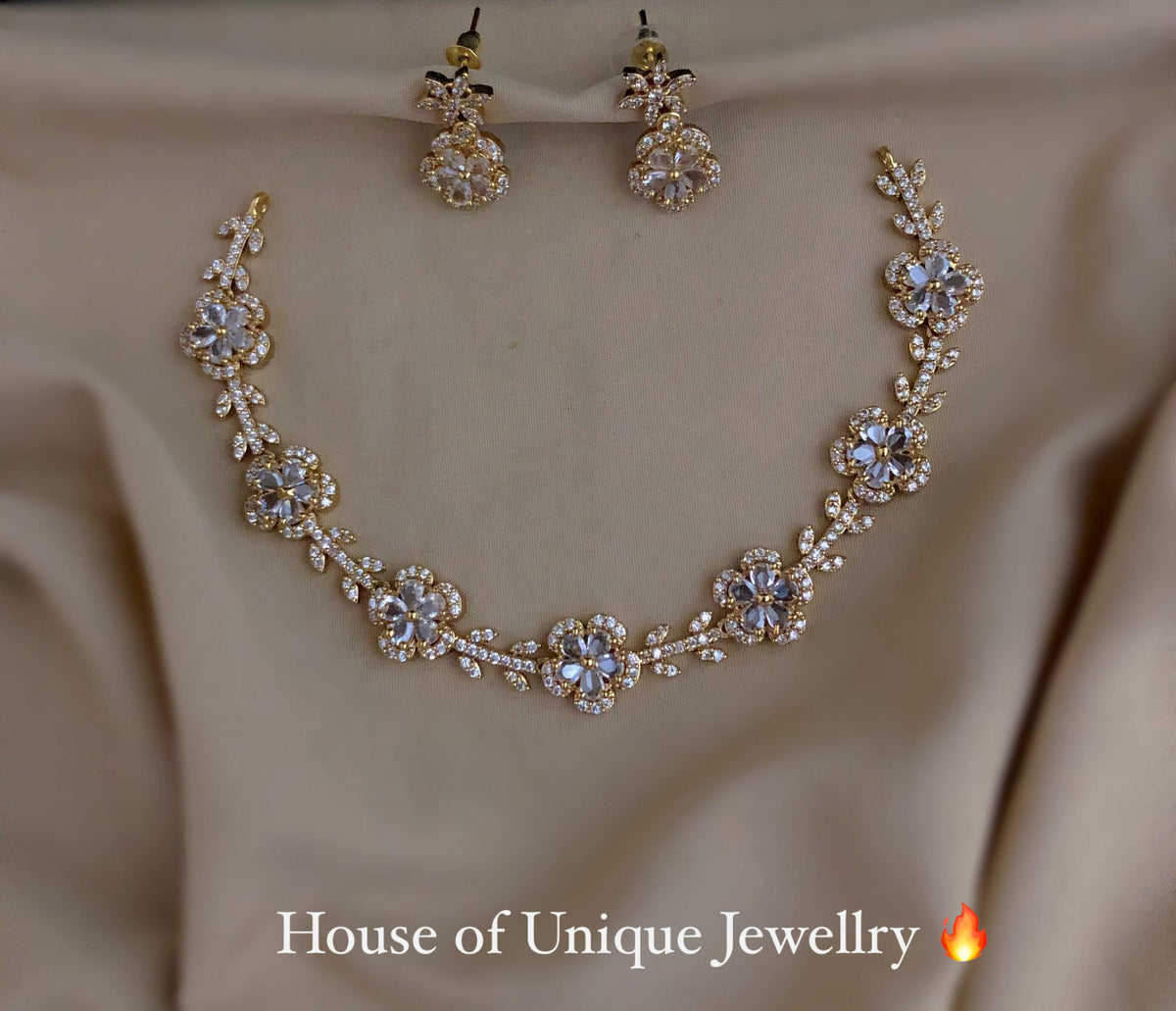 S-35: Gold Plated Floral AD Stone Necklace Set | Elegant Jewelry