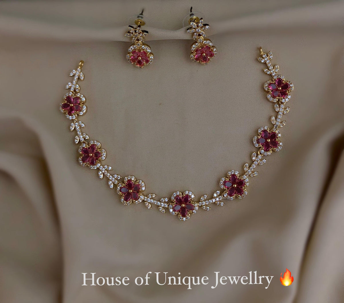 S-35: Gold Plated Floral AD Stone Necklace Set | Elegant Jewelry