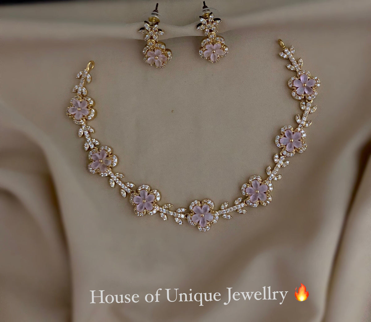 S-35: Gold Plated Floral AD Stone Necklace Set | Elegant Jewelry