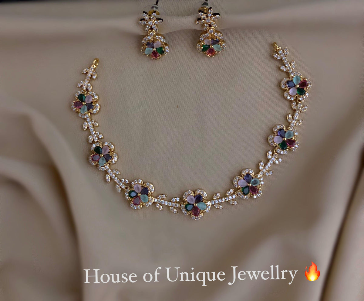 S-35: Gold Plated Floral AD Stone Necklace Set | Elegant Jewelry