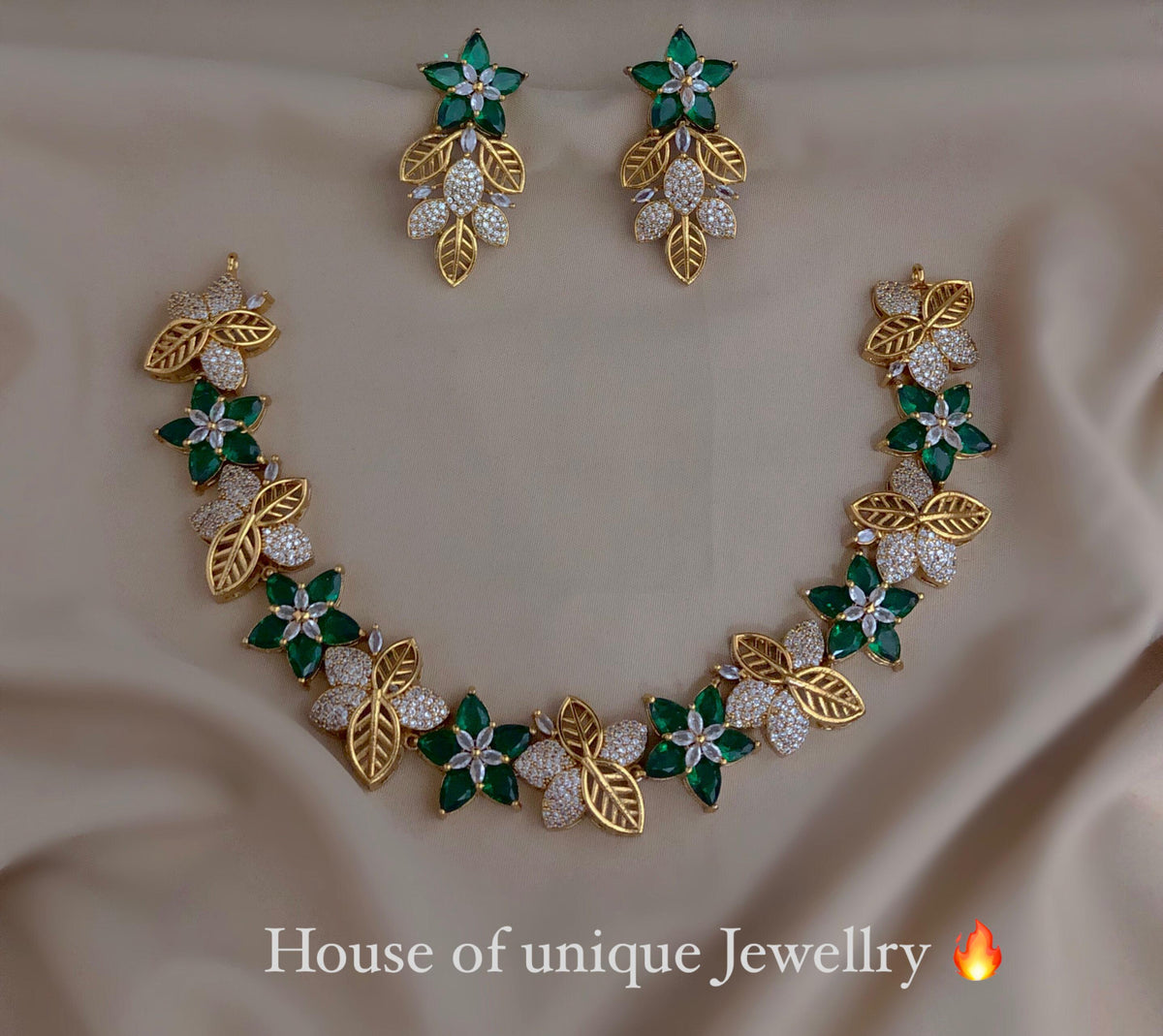 S-34: Bloom Flower AD & CZ Gold-Plated Necklace Set | Gulmohar Art
