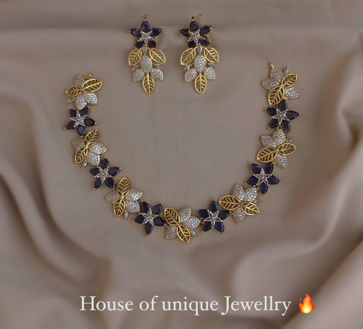 S-34: Bloom Flower AD & CZ Gold-Plated Necklace Set | Gulmohar Art