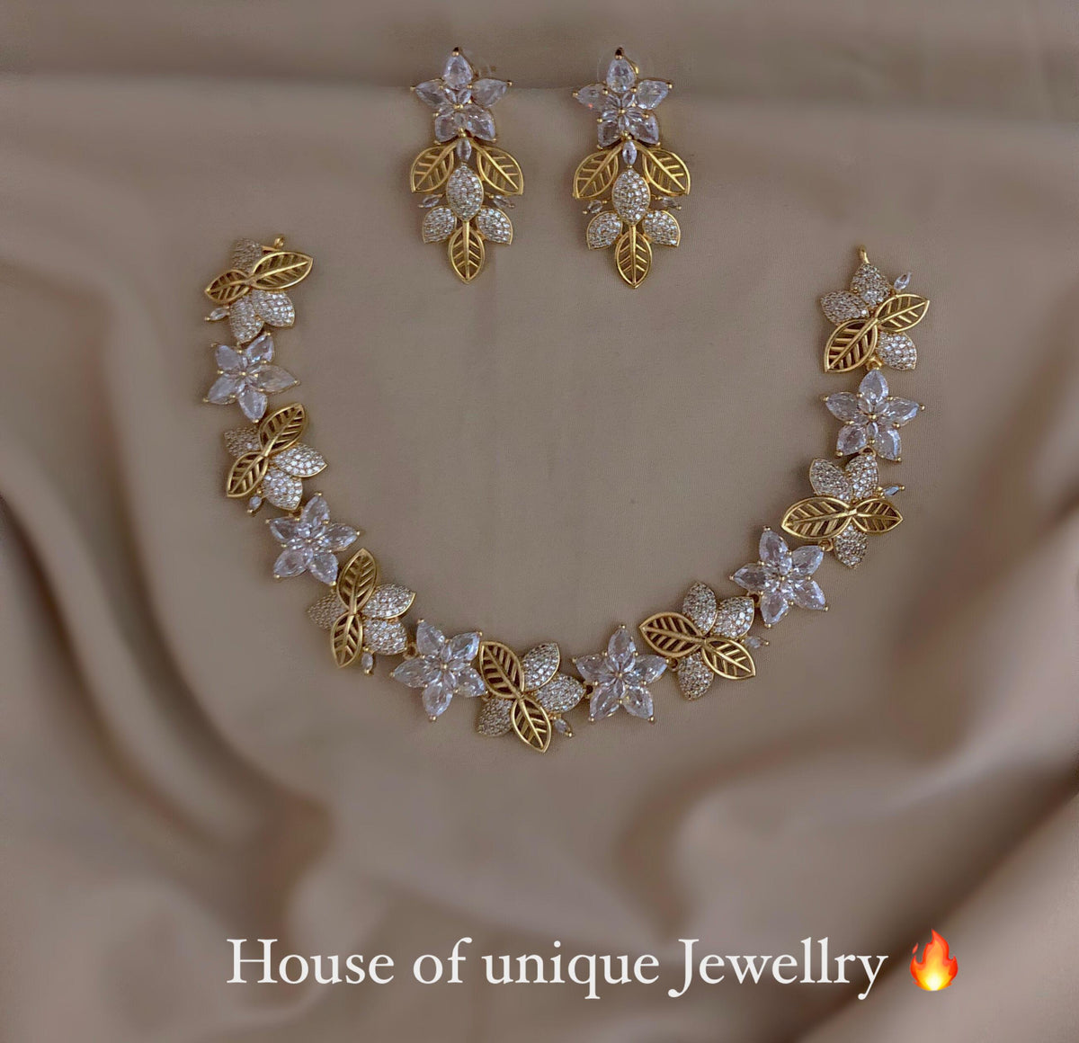 S-34: Bloom Flower AD & CZ Gold-Plated Necklace Set | Gulmohar Art