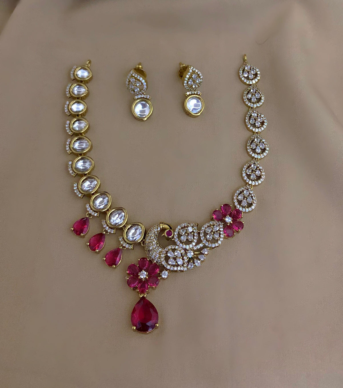 S-36: Gold Plated Peacock AD Kundan Necklace Set