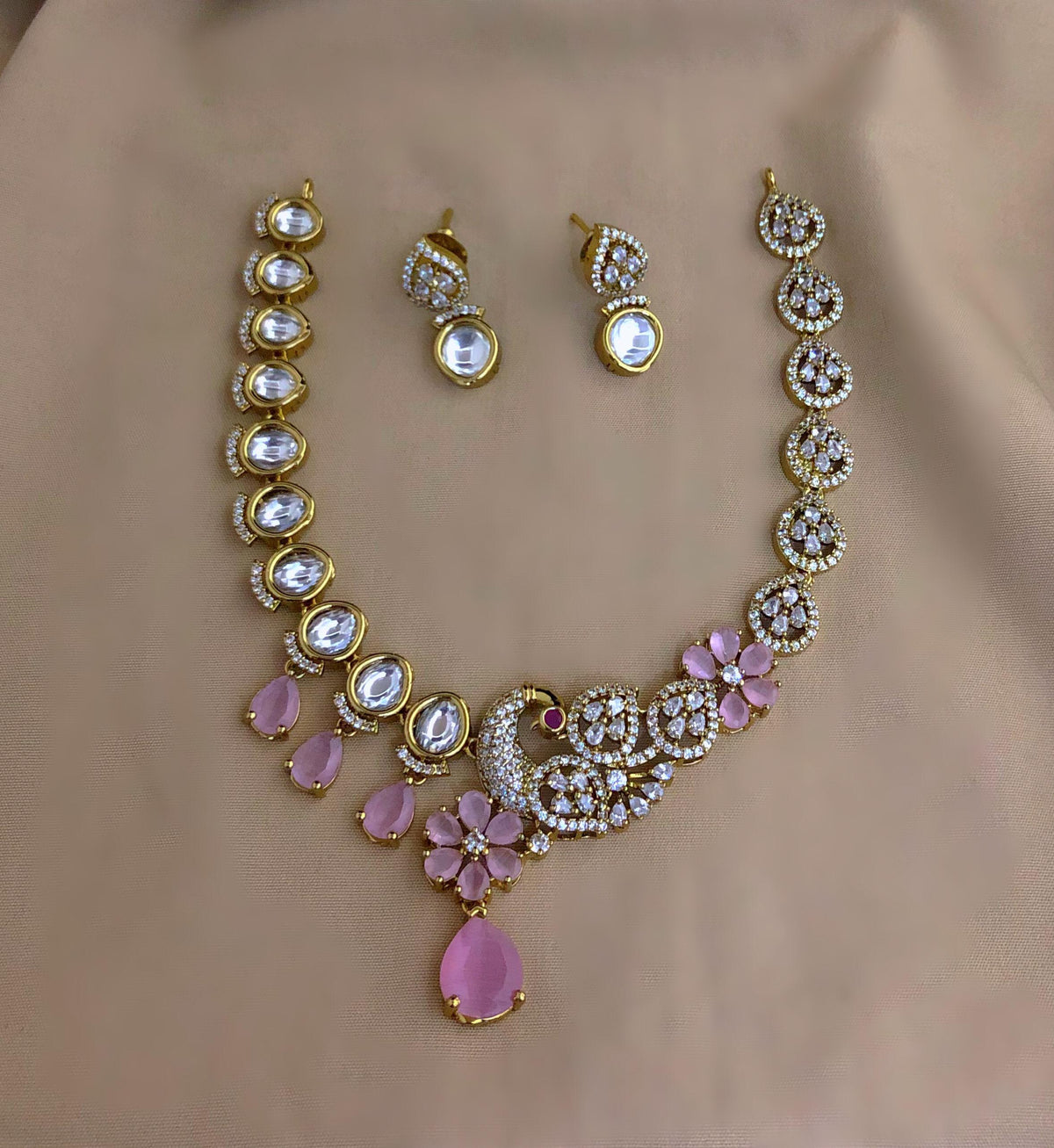 S-36: Gold Plated Peacock AD Kundan Necklace Set