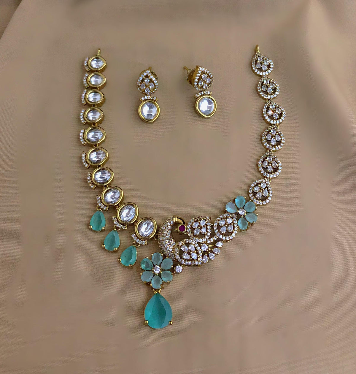 S-36: Gold Plated Peacock AD Kundan Necklace Set