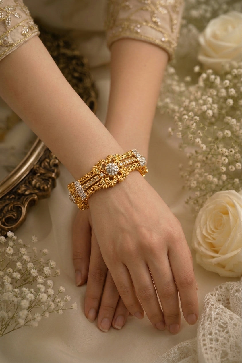 ADB-01: Gold-Plated Matte Finish Champagne AD & White CZ Stone Designer Bangle