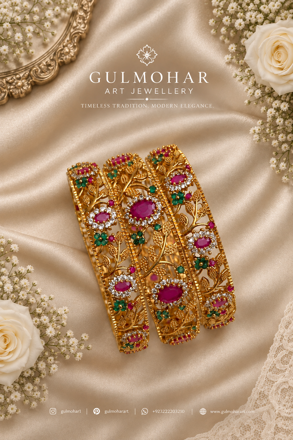 Nageen bangles, Nageen bangle set, AD bangles, CZ bangles, AD CZ bangles, gold plated bangles, South Indian bangles, South Indian jewellery, floral bangles, floral design bangles, 3 piece bangle set, broad kara, sleek bangles, gold plated kara, traditional bangles, bridal bangles, wedding bangles, party wear bangles, festive bangles, designer bangles, Indian bangles, Pakistani jewellery, South Indian floral bangles