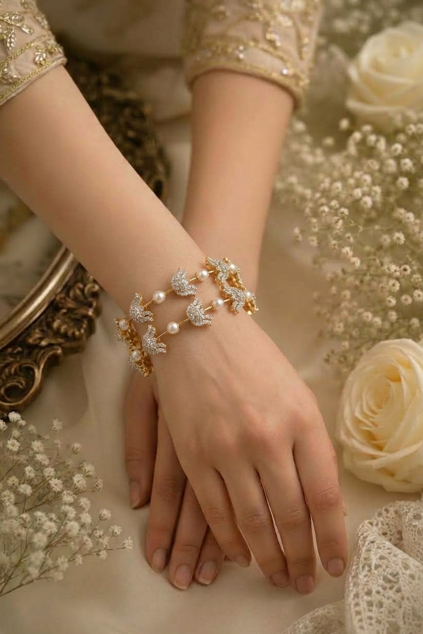 Lotus bangles, Lotus bangle set, CZ pearl bangles, CZ bangles, pearl bangles, gold plated bangles, rhodium plated bangles, dual tone bangles, South Indian bangles, South Indian jewellery, floral bangles, floral design bangles, 2 piece bangle set, sleek bangles, traditional bangles, designer bangles, bridal bangles, wedding bangles, party wear bangles, festive bangles, gold and rhodium bangles, CZ pearl jewellery, Indian bangles, Pakistani jewellery