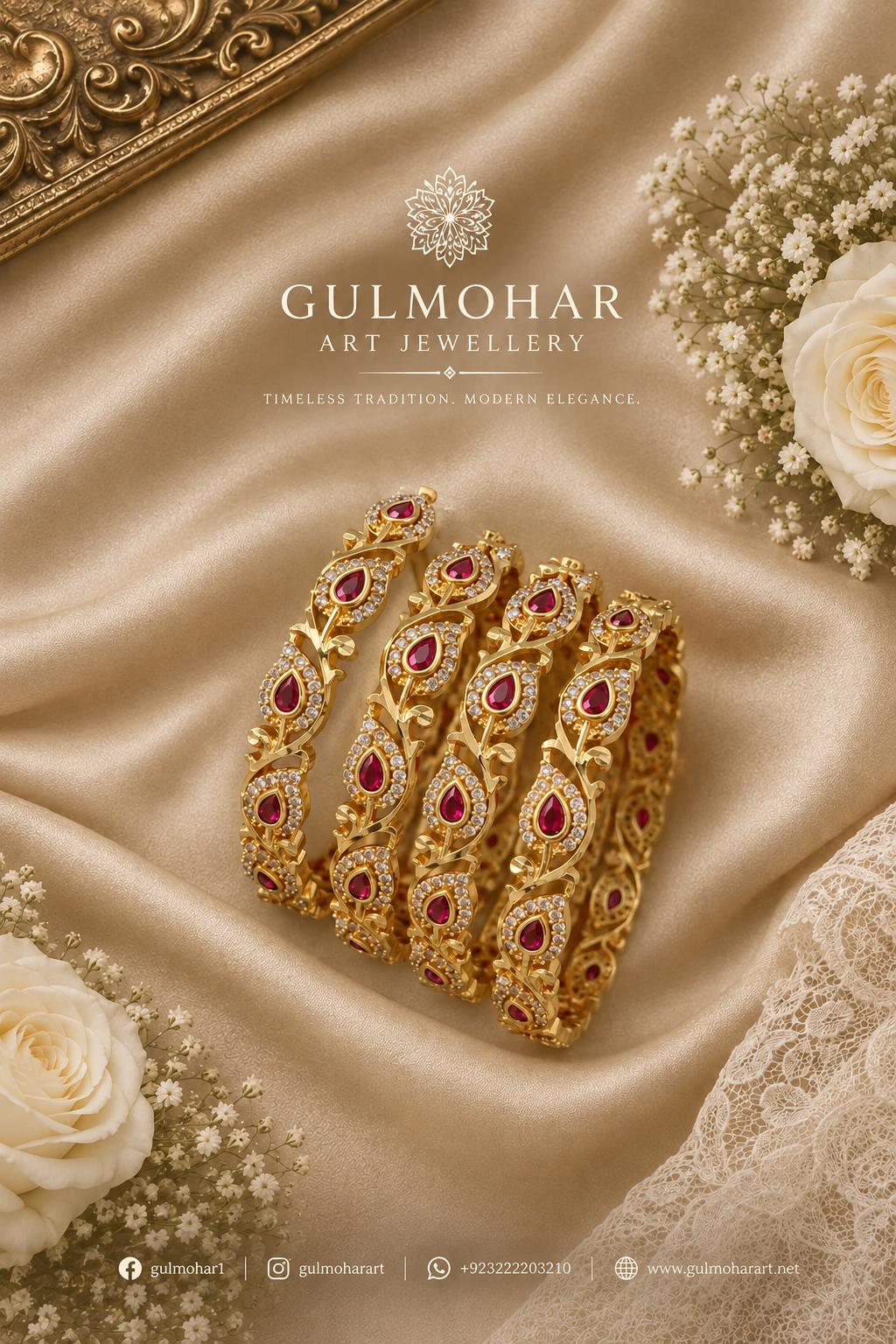 BG-08 Ruby Leaf Bangles | CZ & Kemp 4-Piece South Indian Set