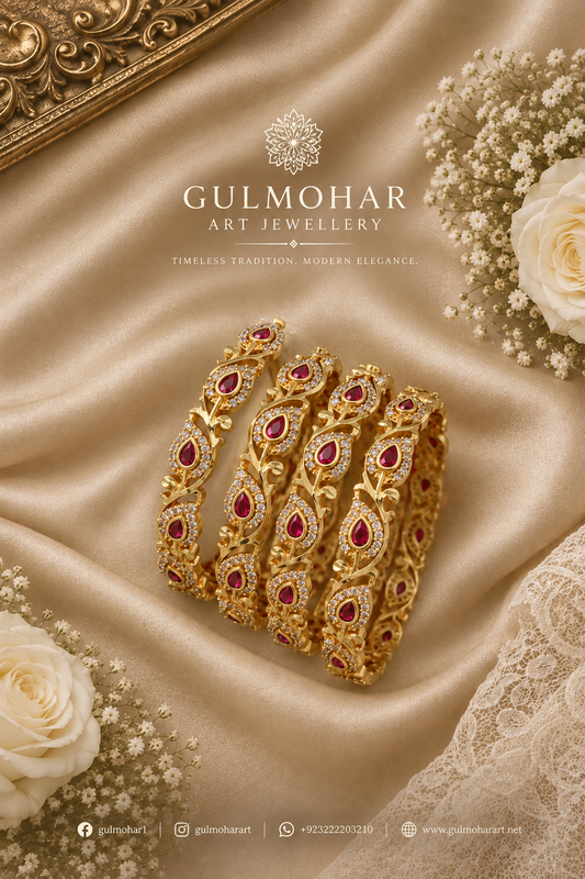 BG-08 Ruby Leaf Bangles | CZ & Kemp 4-Piece South Indian Set