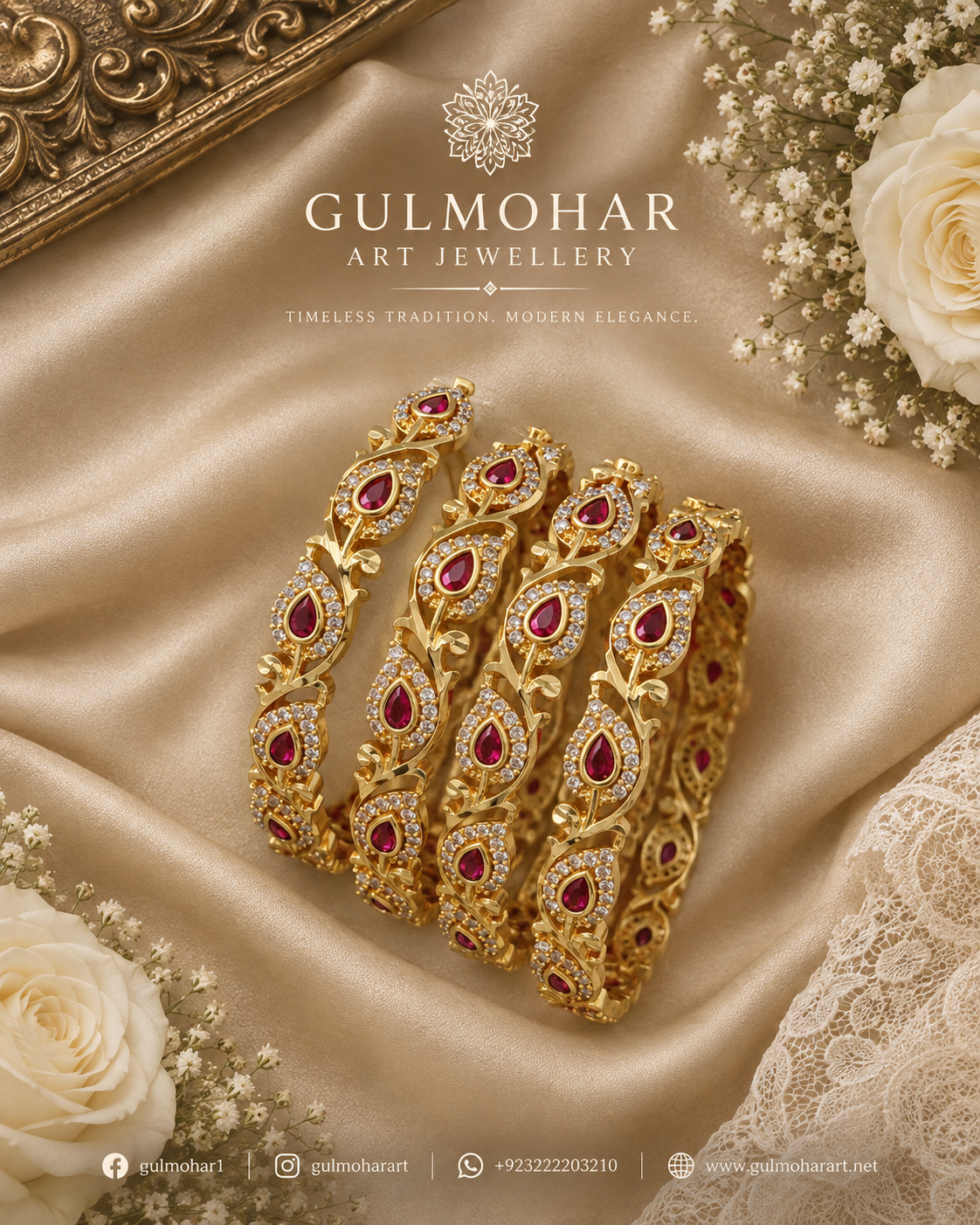 BG-08 Ruby Leaf Bangles | CZ & Kemp 4-Piece South Indian Set