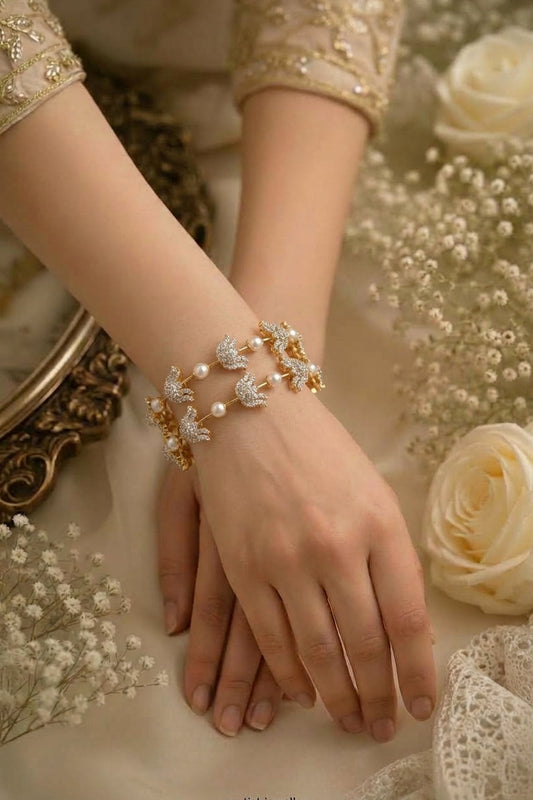 Lotus bangles, Lotus bangle set, CZ pearl bangles, CZ bangles, pearl bangles, gold plated bangles, rhodium plated bangles, dual tone bangles, South Indian bangles, South Indian jewellery, floral bangles, floral design bangles, 2 piece bangle set, sleek bangles, traditional bangles, designer bangles, bridal bangles, wedding bangles, party wear bangles, festive bangles, gold and rhodium bangles, CZ pearl jewellery, Indian bangles, Pakistani jewellery