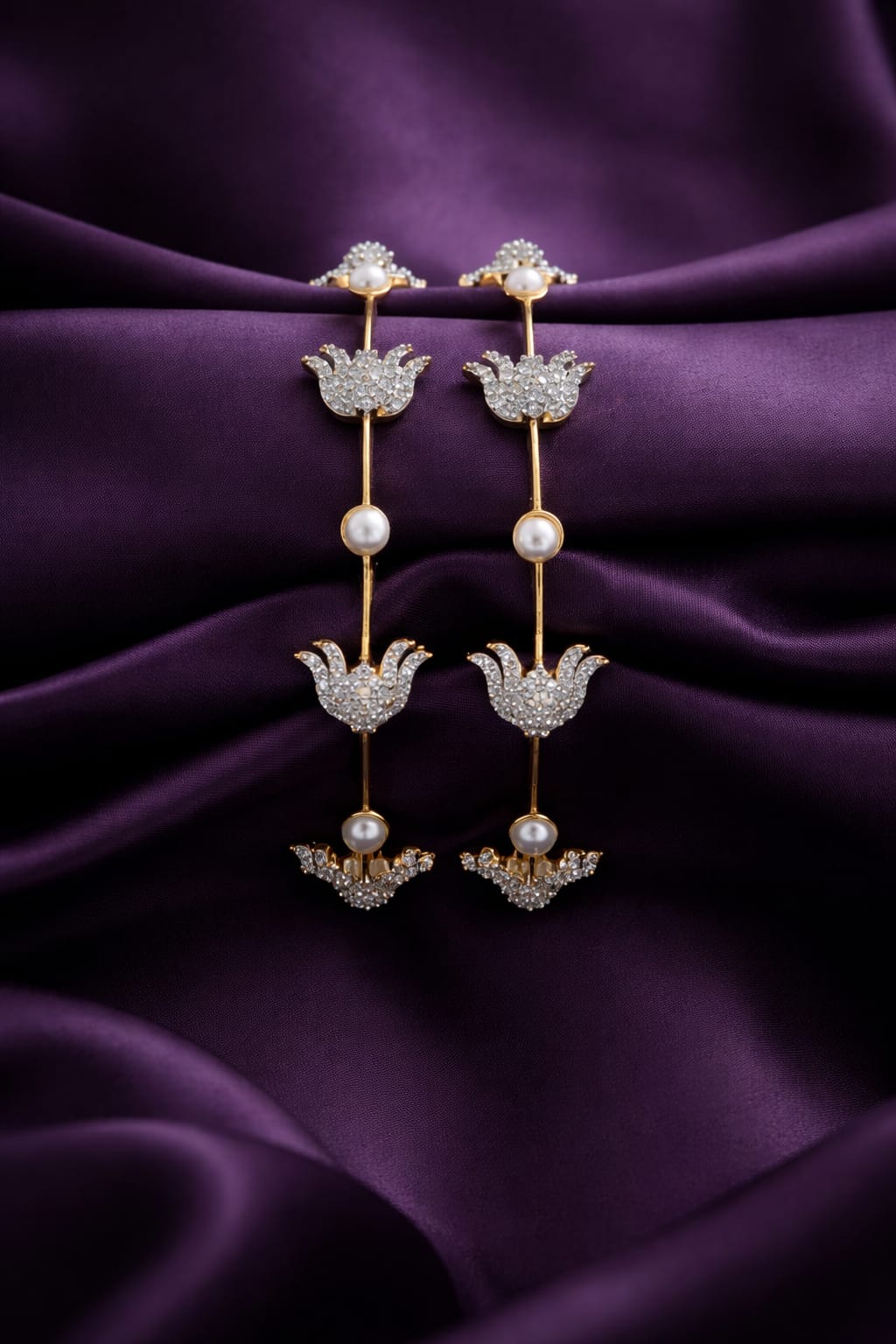 Lotus bangles, Lotus bangle set, CZ pearl bangles, CZ bangles, pearl bangles, gold plated bangles, rhodium plated bangles, dual tone bangles, South Indian bangles, South Indian jewellery, floral bangles, floral design bangles, 2 piece bangle set, sleek bangles, traditional bangles, designer bangles, bridal bangles, wedding bangles, party wear bangles, festive bangles, gold and rhodium bangles, CZ pearl jewellery, Indian bangles, Pakistani jewellery
