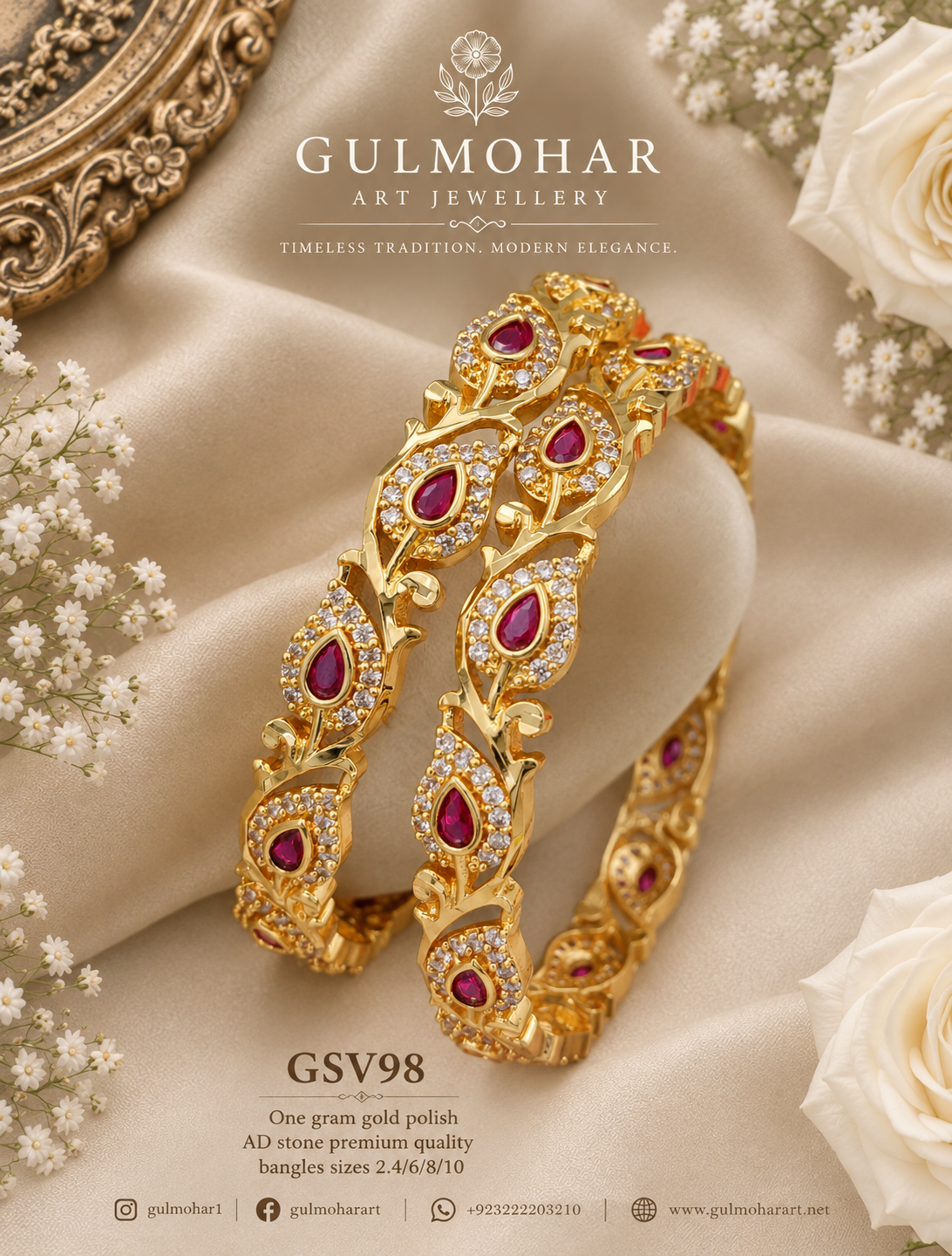 BG-08 Ruby Leaf Bangles | CZ & Kemp 4-Piece South Indian Set