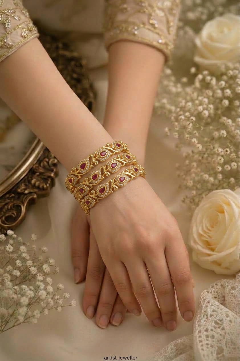 BG-08 Ruby Leaf Bangles | CZ & Kemp 4-Piece South Indian Set