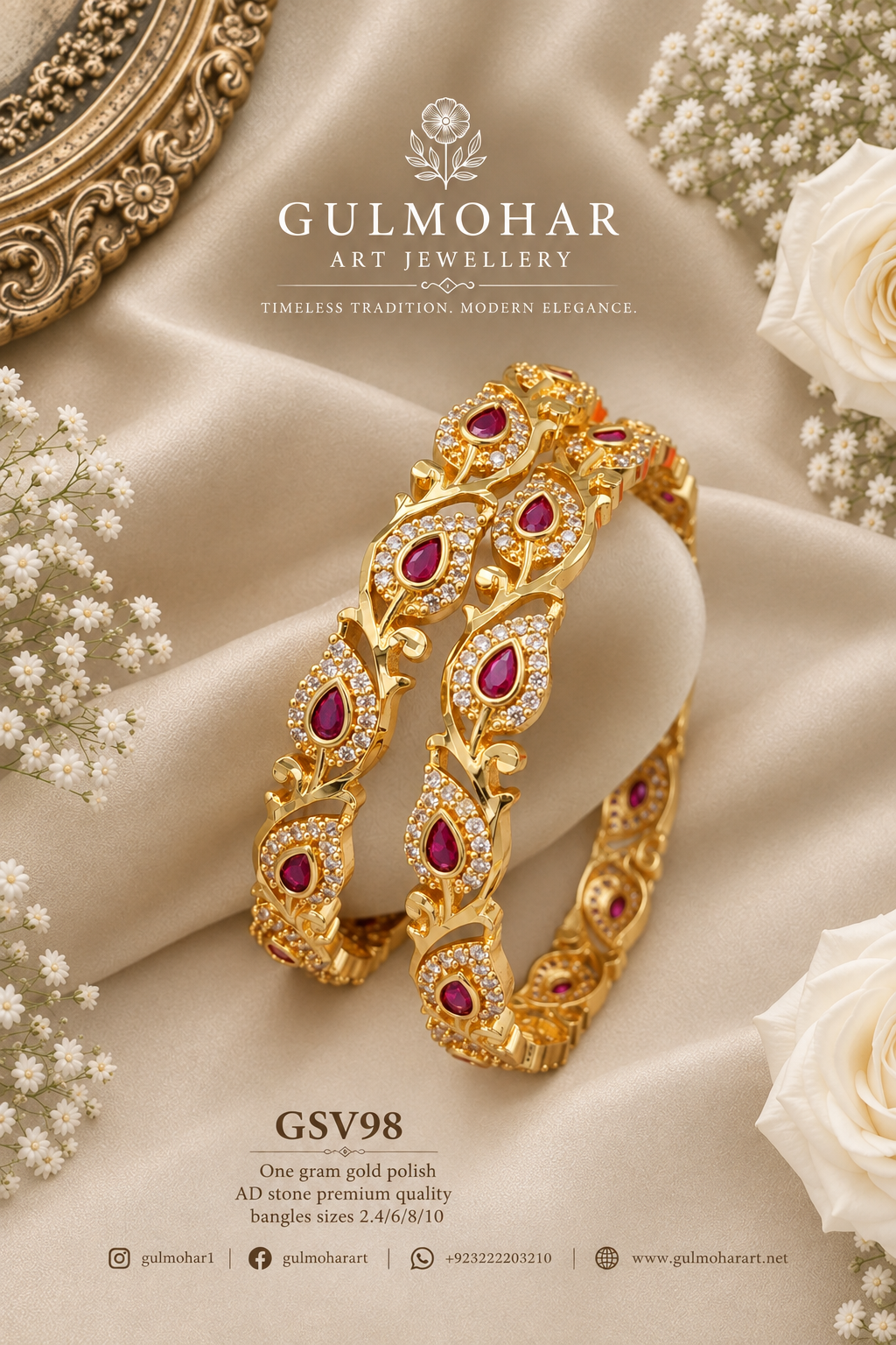 Ruby leaf bangles, Ruby bangles, leaf bangles, CZ bangles, Kemp stone bangles, CZ Kemp bangles, South Indian bangles, South Indian jewellery, traditional South Indian bangles, gold plated bangles, rhodium plated bangles, gold and rhodium bangles, 2 piece bangle set, traditional bangles, bridal bangles, wedding bangles, party wear bangles, festive bangles, designer bangles, Kemp jewellery, Indian bangles, Pakistani jewellery, South Indian bridal jewellery