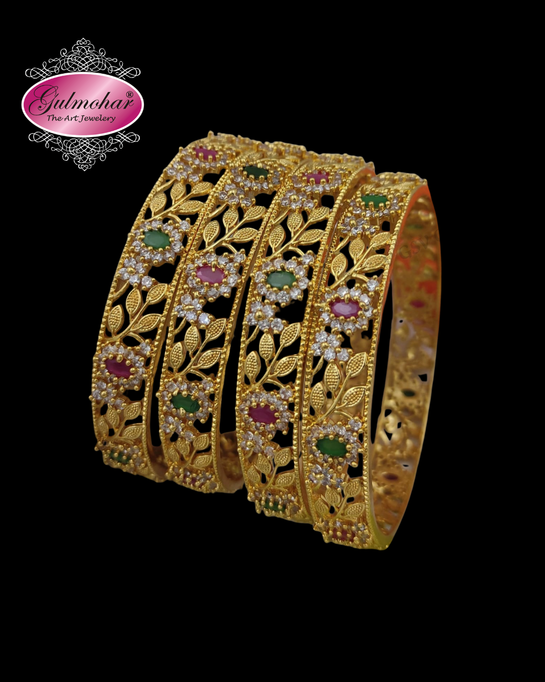 Ruby emerald floral bangles, ruby bangles, emerald bangles, floral bangles, CZ bangles, AD bangles, CZ AD bangles, South Indian bangles, South Indian jewellery, traditional South Indian bangles, gold plated bangles, 4 piece bangle set, floral design bangles, traditional bangles, bridal bangles, wedding bangles, party wear bangles, festive bangles, designer bangles, Indian bangles, Pakistani jewellery, South Indian bridal jewellery, ruby emerald jewellery