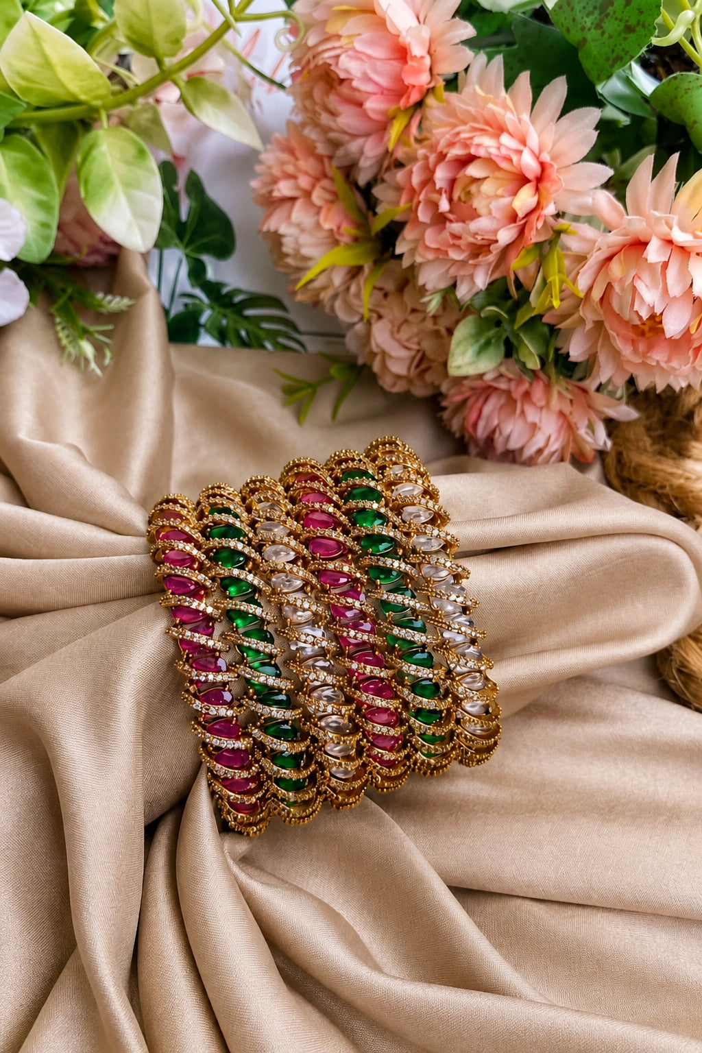 Spiral AD bangles, spiral bangles, AD bangles, CZ bangles, AD CZ bangles, gold plated bangles, South Indian bangles, South Indian jewellery, traditional bangles, spiral design bangles, 2 piece bangle set, red bangles, green bangles, white bangles, colourful bangles, bridal bangles, wedding bangles, party wear bangles, festive bangles, designer bangles, Indian bangles, Pakistani jewellery, South Indian bridal jewellery