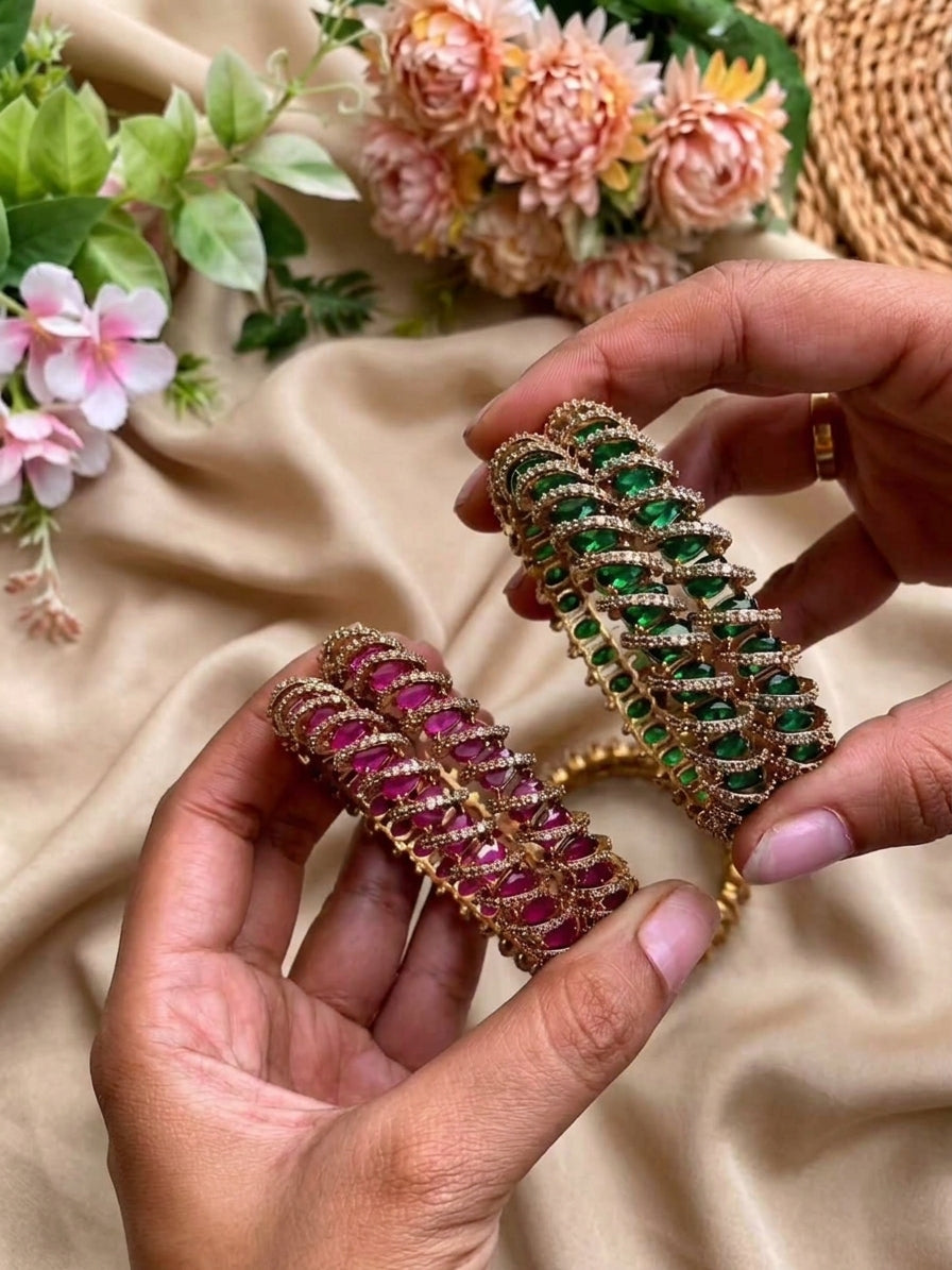 Spiral AD bangles, spiral bangles, AD bangles, CZ bangles, AD CZ bangles, gold plated bangles, South Indian bangles, South Indian jewellery, traditional bangles, spiral design bangles, 2 piece bangle set, red bangles, green bangles, white bangles, colourful bangles, bridal bangles, wedding bangles, party wear bangles, festive bangles, designer bangles, Indian bangles, Pakistani jewellery, South Indian bridal jewellery