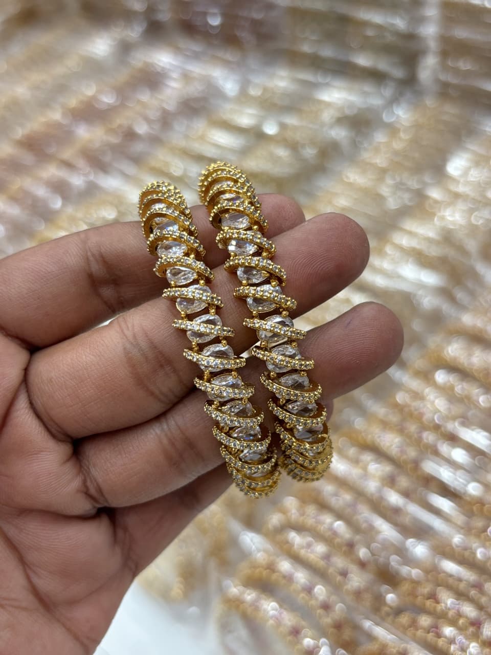 Spiral AD bangles, spiral bangles, AD bangles, CZ bangles, AD CZ bangles, gold plated bangles, South Indian bangles, South Indian jewellery, traditional bangles, spiral design bangles, 2 piece bangle set, red bangles, green bangles, white bangles, colourful bangles, bridal bangles, wedding bangles, party wear bangles, festive bangles, designer bangles, Indian bangles, Pakistani jewellery, South Indian bridal jewellery