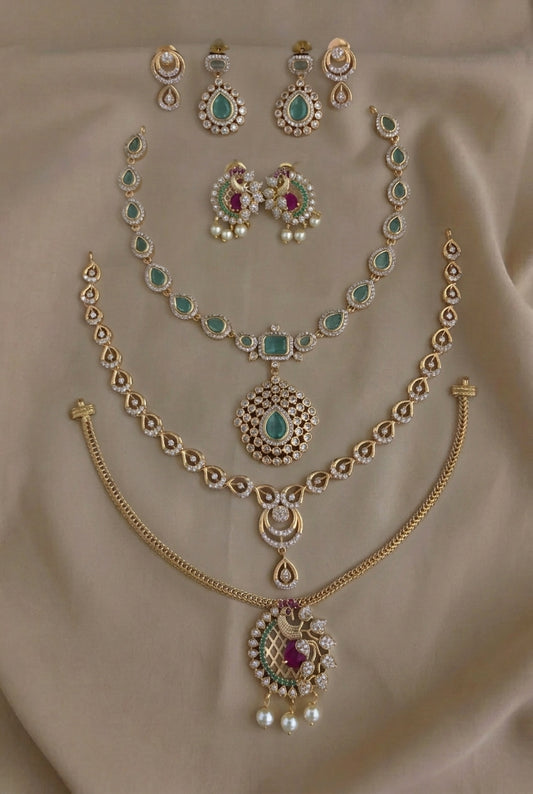 Mint Green Gold Plated AD CZ 3 Statement Necklace Set Combo Deal with Peacock Pendant