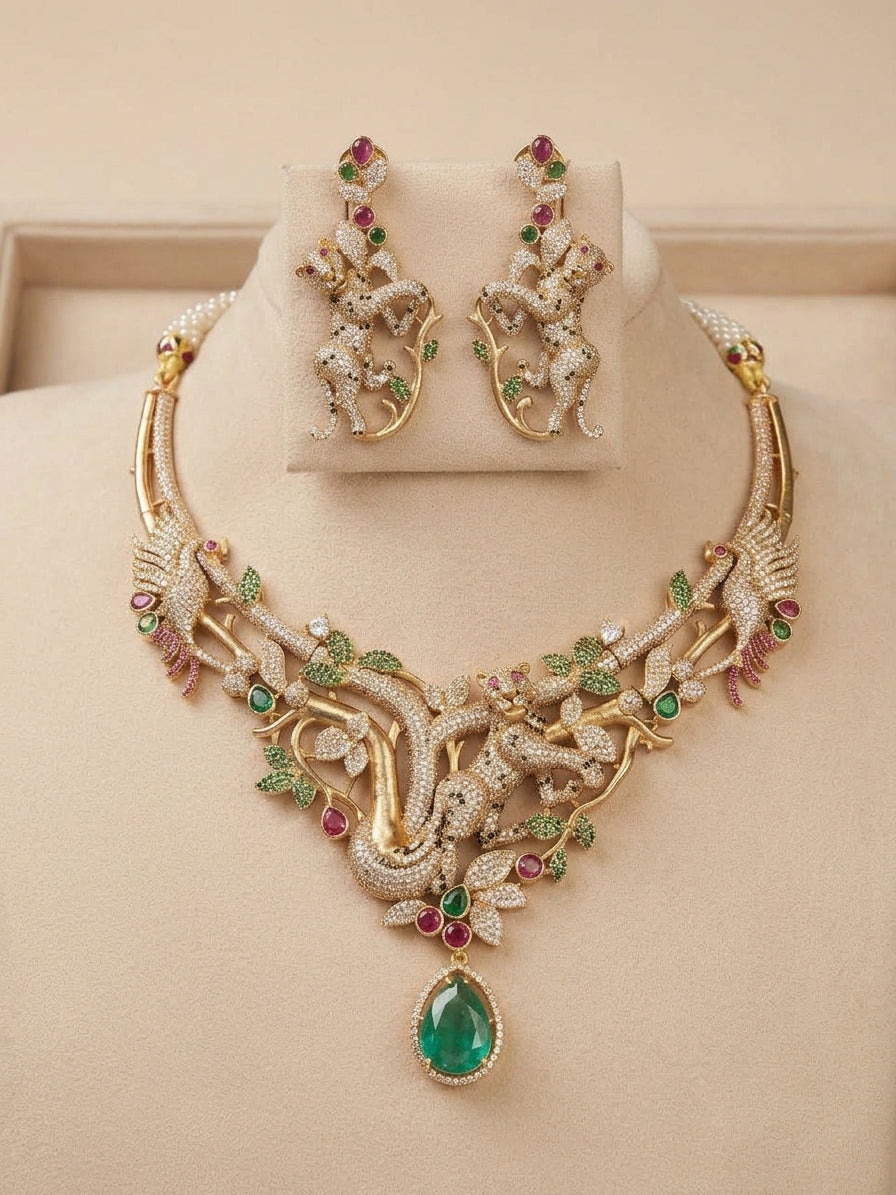 Sabyasachi inspired jungle collection, Leopard motif necklace set, Jungle theme gold necklace, Designer emerald drop necklace, Sabyasachi style animal motif jewelry