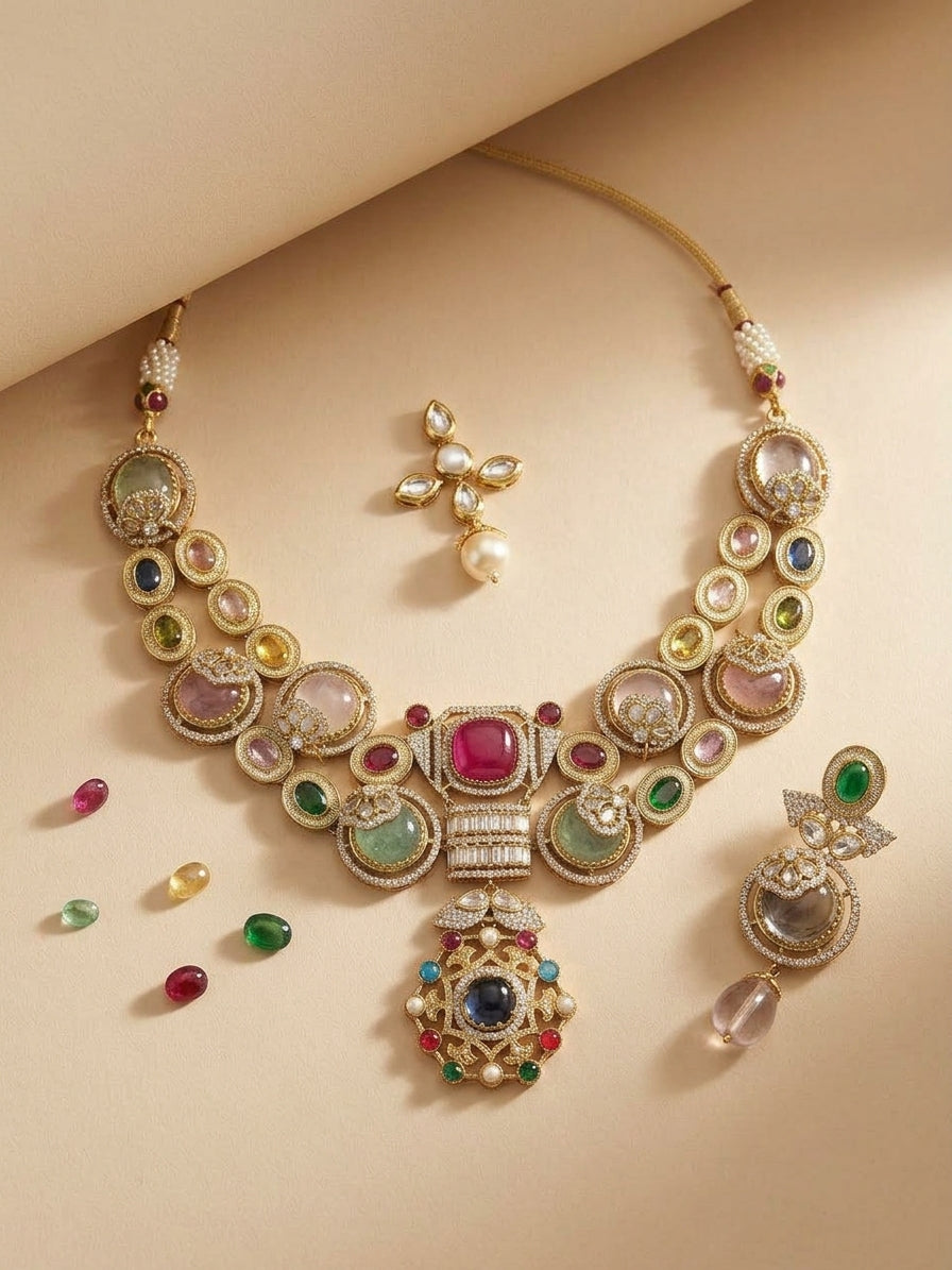 Sabyasachi inspired necklace set, Gold plated gemstone necklace, Multi stone statement necklace, Sabyasachi style pendant set, Designer bridal fusion necklace