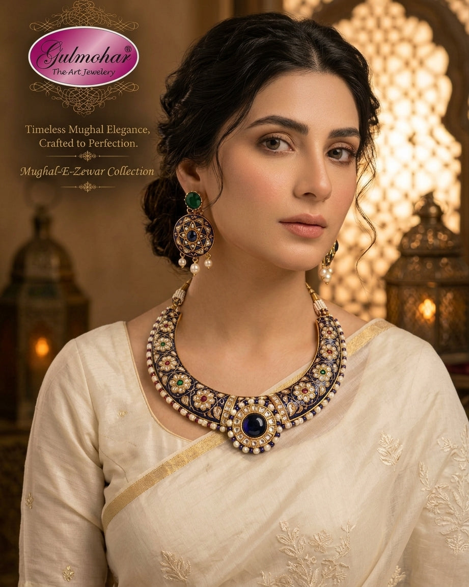 MG-03: Meenakari Multani Kundan Hasli Necklace Set | Gulmohar