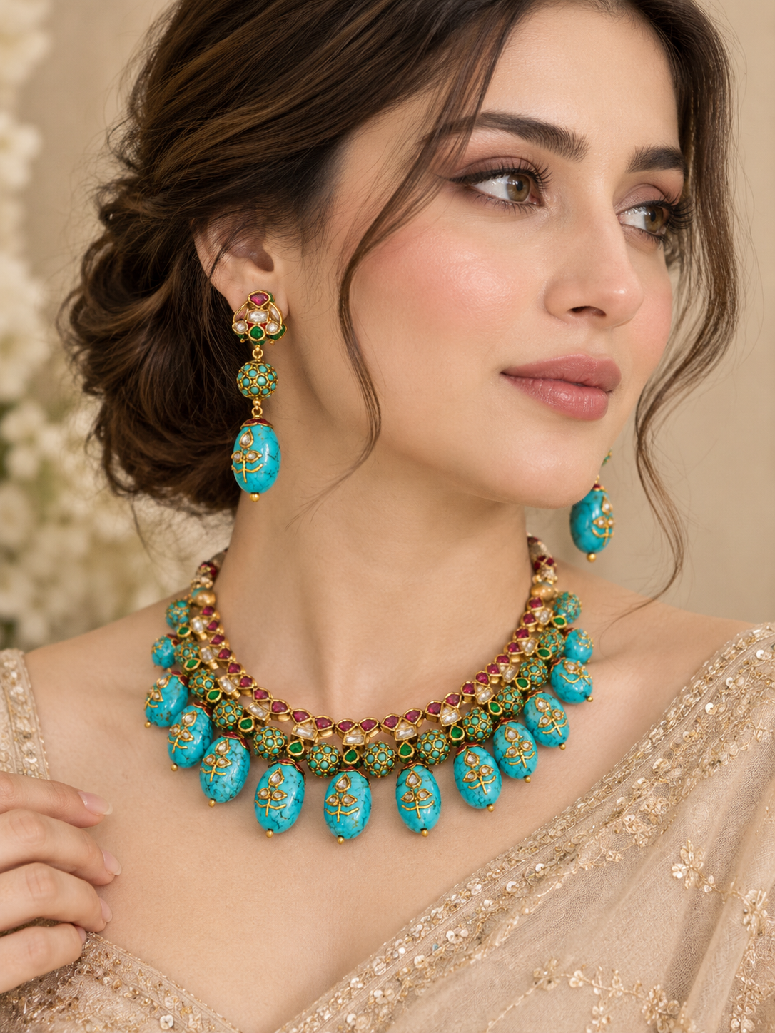 NN-05: Begum Feroza Gold Plated Kundan Necklace Set | Gulmohar Art Jewellery