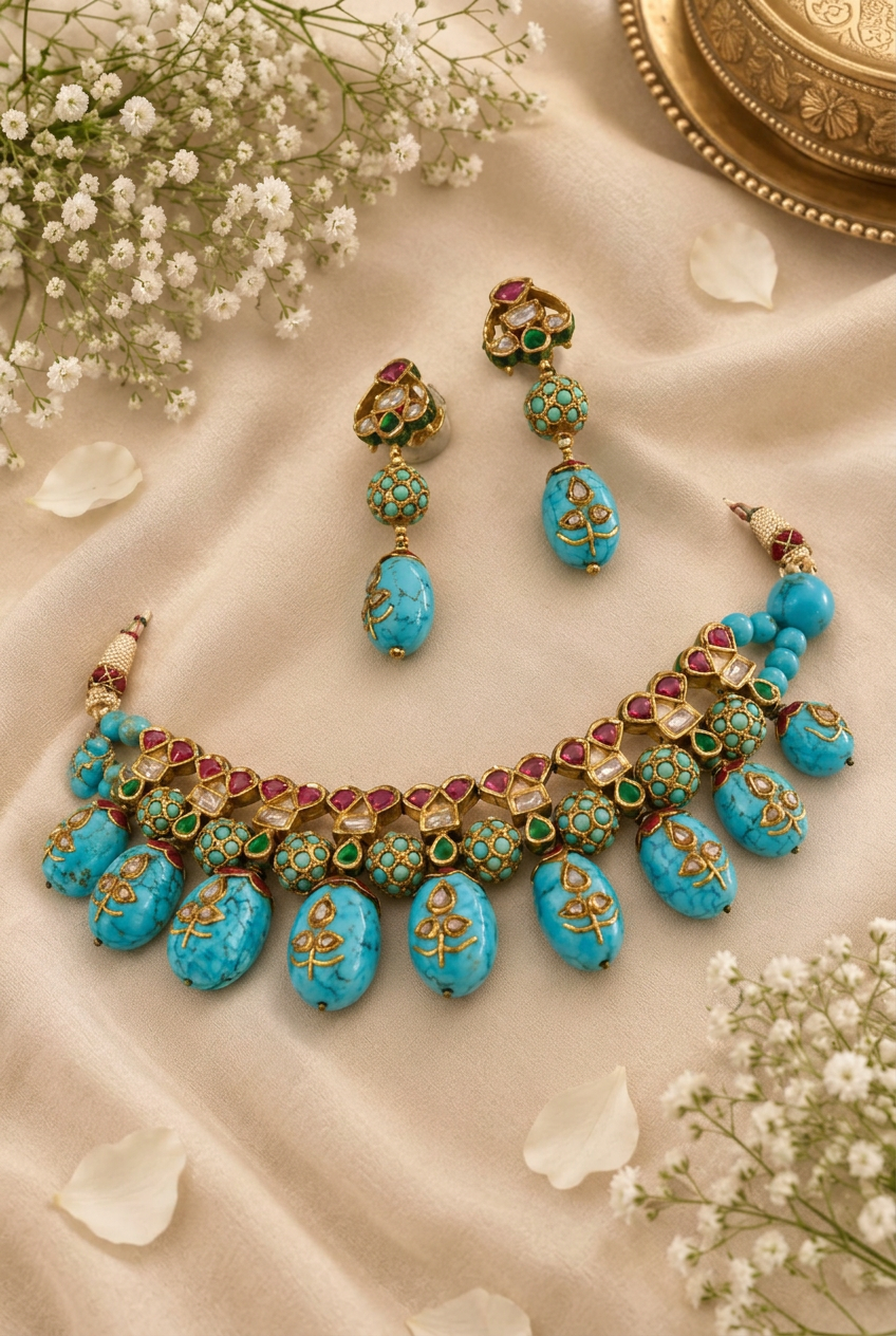 NN-05: Begum Feroza Gold Plated Kundan Necklace Set | Gulmohar Art Jewellery
