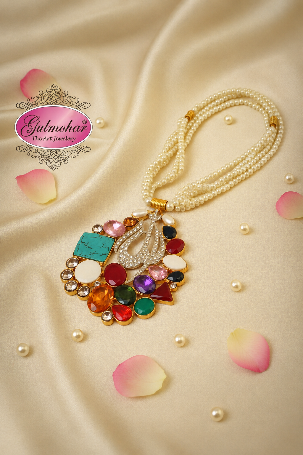 P-01: Allah Name Pendant Necklace with Pearl String | Gold Plated AD Stone Pendant