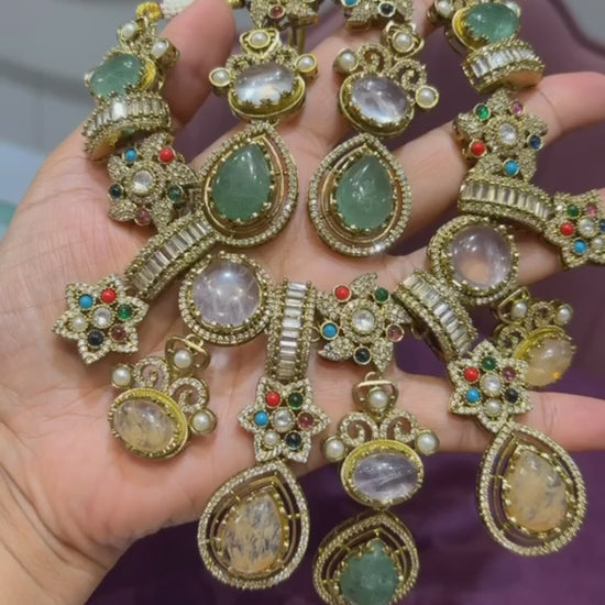 Sabyasachi inspired necklace set, Gold plated fusion jewelry, Multi gemstone necklace set, Designer bridal fusion set, Sabyasachi style statement earrings