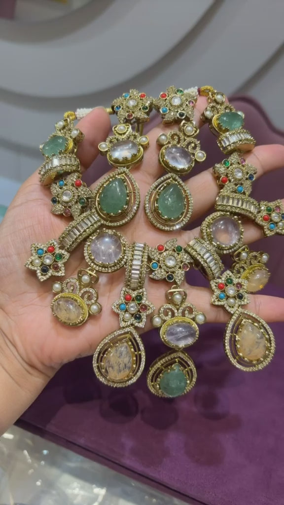 Sabyasachi inspired necklace set, Gold plated fusion jewelry, Multi gemstone necklace set, Designer bridal fusion set, Sabyasachi style statement earrings