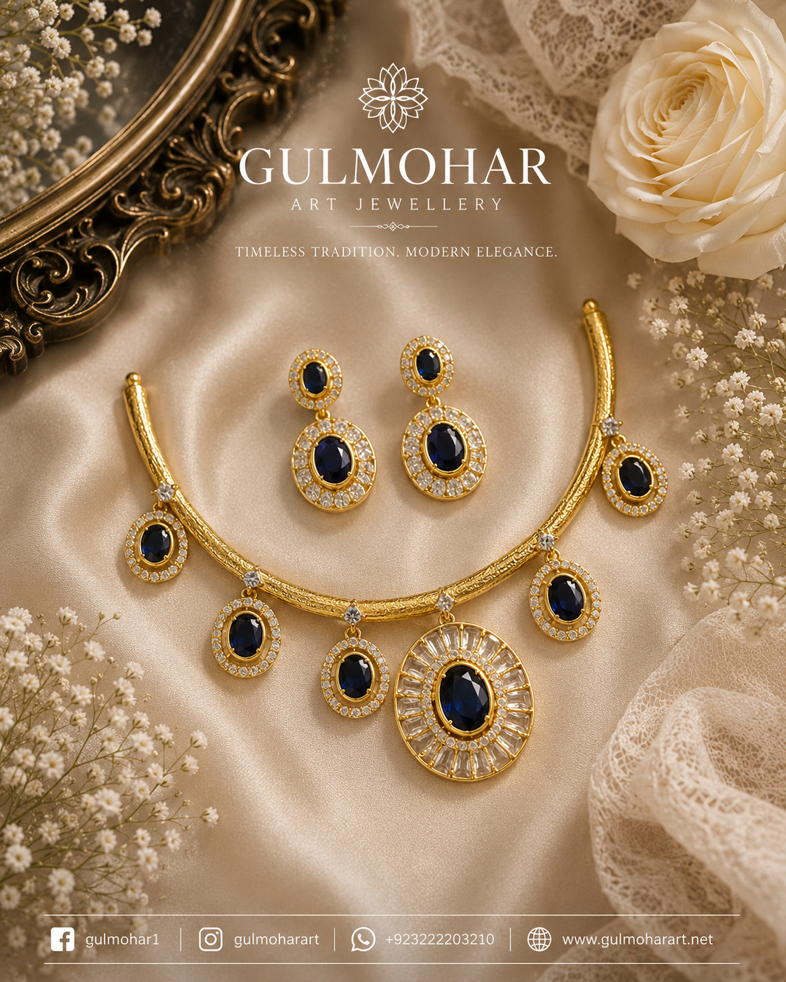 CZ and pearl South premium hasli set with AD and CZ stones, dual-tone gold and rhodium plated party wear jewellery by Gulmohar Art Jewellery