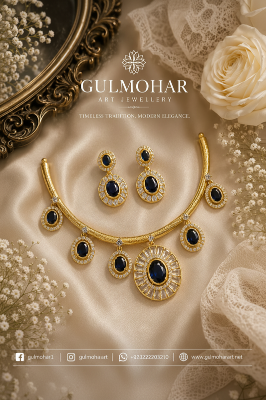 CZ and pearl South premium hasli set with AD and CZ stones, dual-tone gold and rhodium plated party wear jewellery by Gulmohar Art Jewellery