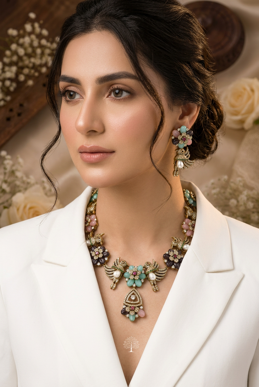 A Gulmohar Art Jewellery set featuring intricate gold-plated jewelry with turquoise, pink, and dark purple floral motifs, embellished with faux pearls and rhinestones. The set is displayed on a beige fabric background with decorative roses and wooden elements.
